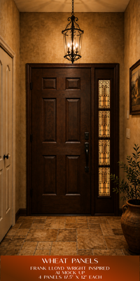 A dark brown wood entryway door with a tall decorative glass sidelight panel, shown in a warmly lit home interior. A hanging lantern light fixture is above, and a potted plant sits to the right.