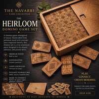 Navarri Heirloom Domino Game Set with wooden box and tiles on a dark background