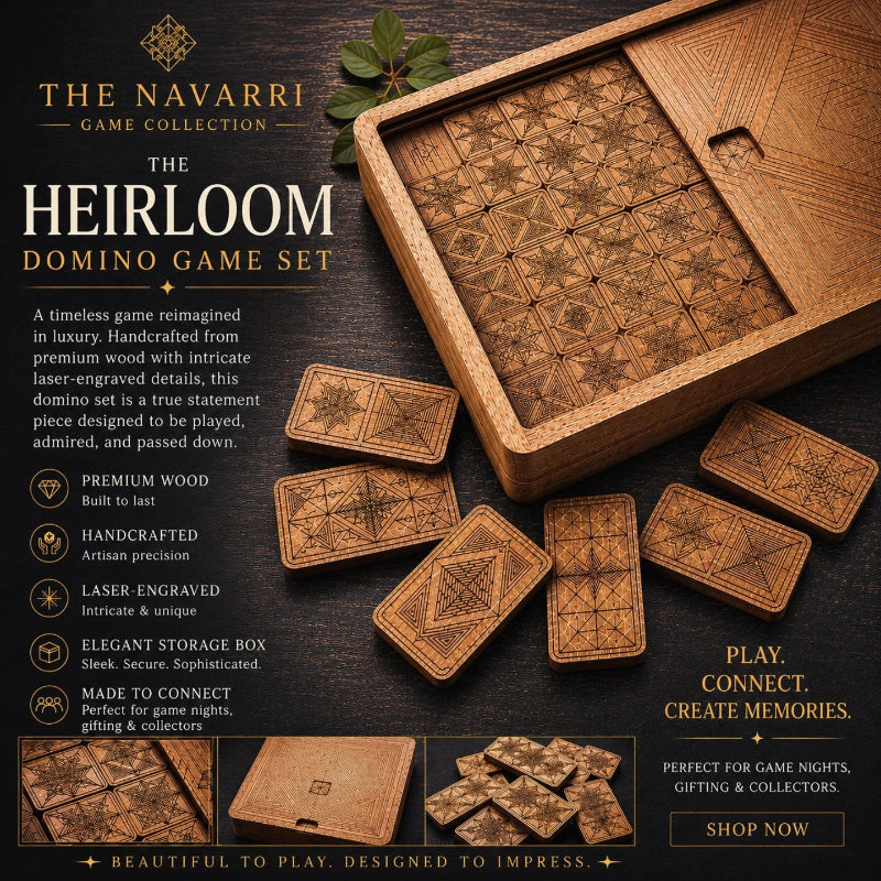 Navarri Heirloom Domino Game Set with wooden box and tiles on a dark background