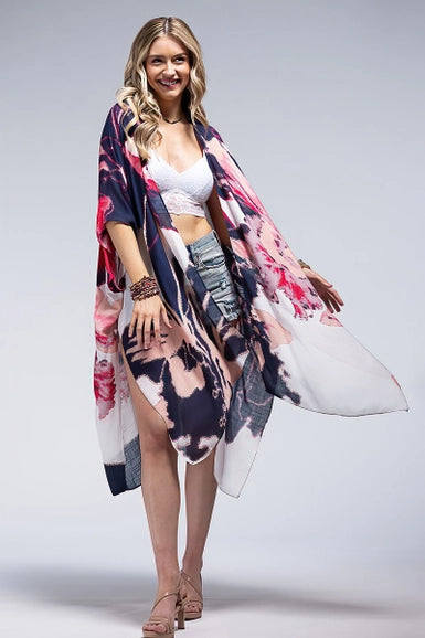 Artistic & lightweight kimono with bold watercolor-effect flowers 