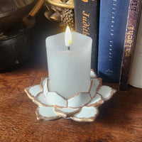 Candle in a lotus-shaped holder on a wooden surface with books in the background