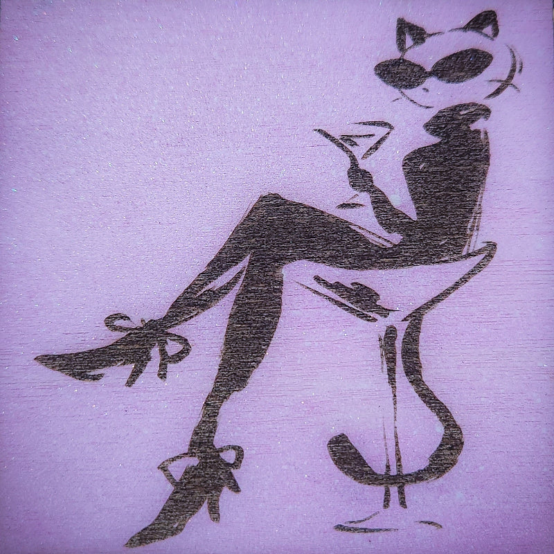 Black silhouette of a woman sitting on a stool with a glass, holding a hat and a fan, on a pink textured background.