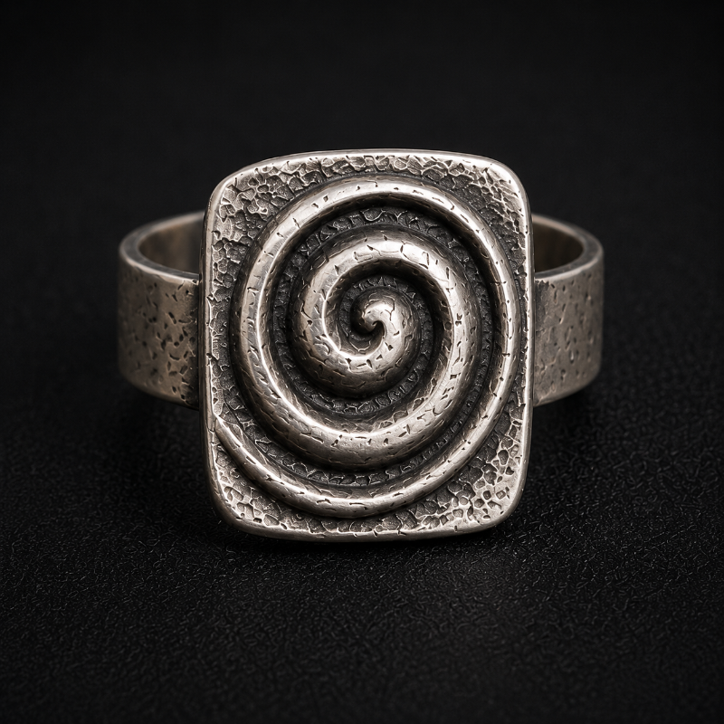 A textured sterling silver ring featuring a square face with a raised spiral design, photographed on a dark black background.