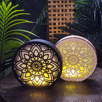 Mandala LED Wood Night Lights, laser cut wood, natural or black, with vellum, fairy lights