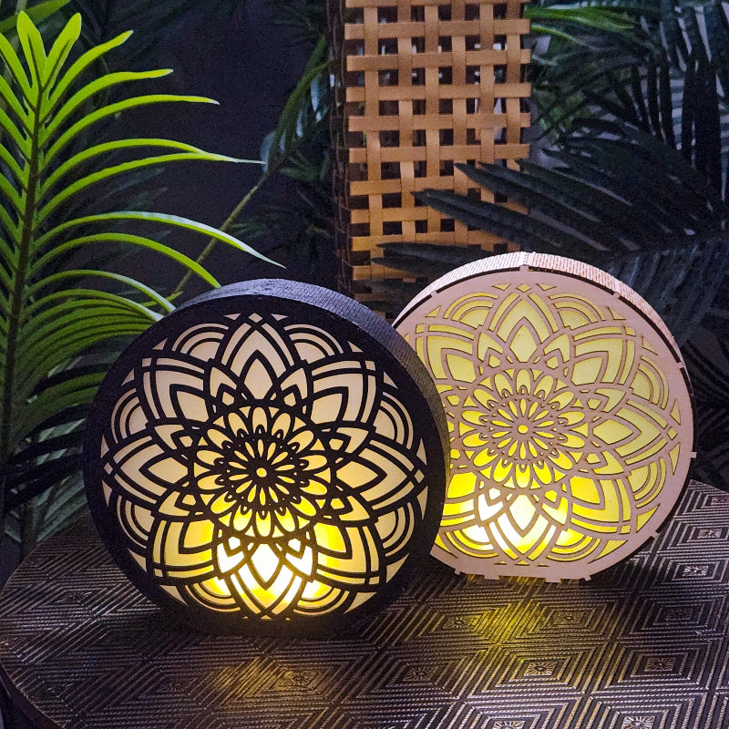 Mandala LED Wood Night Lights, laser cut wood, natural or black, with vellum, fairy lights