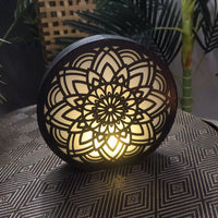 Mandala LED Wood Night Lights, laser cut wood, r black with vellum, fairy lights