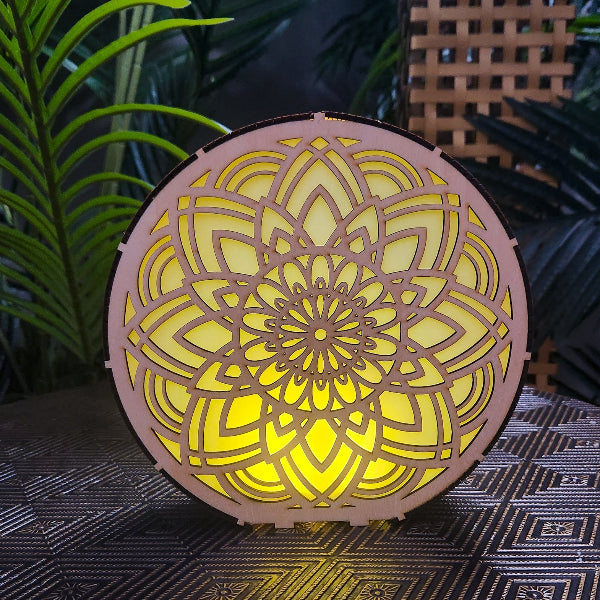 Mandala LED Wood Night Lights, laser cut bass wood with vellum, fairy lights