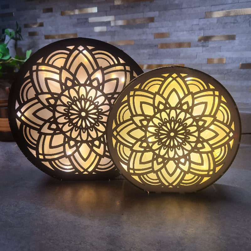 Mandala LED Wood Night Lights, laser cut wood, natural or black, with vellum, fairy lights 2