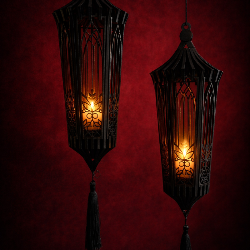Two ornate lanterns with glowing lights against a red background