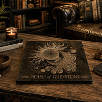 A square dark artisan scrabble board featuring an engraved sun and moon design with the text 'HOUSE OF GREYSTONE' at the bottom, displayed on a wooden table in a cozy, dimly lit study or living room setting with books, a leather sofa, and candles.