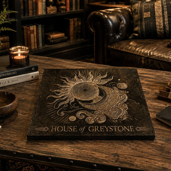 A square dark artisan scrabble board featuring an engraved sun and moon design with the text 'HOUSE OF GREYSTONE' at the bottom, displayed on a wooden table in a cozy, dimly lit study or living room setting with books, a leather sofa, and candles.