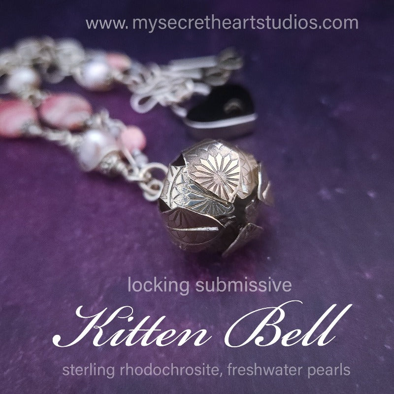 Crafted from luxurious sterling silver, our KITTEN BELL necklace features a unique design with Rhodochrosite and Freshwater Pearls, making it a one-of-a-kind accessory. Wear it as a stylish fashion piece or as a subtle nod to your pet or alternative lifestyle. Either way, you'll exude elegance and sophistication. 
