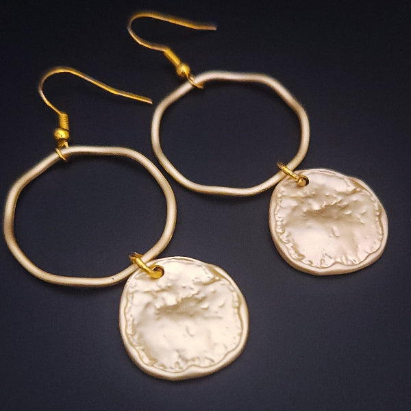 * Matte Gold Hoop Earrings with Coin Dangle 203v