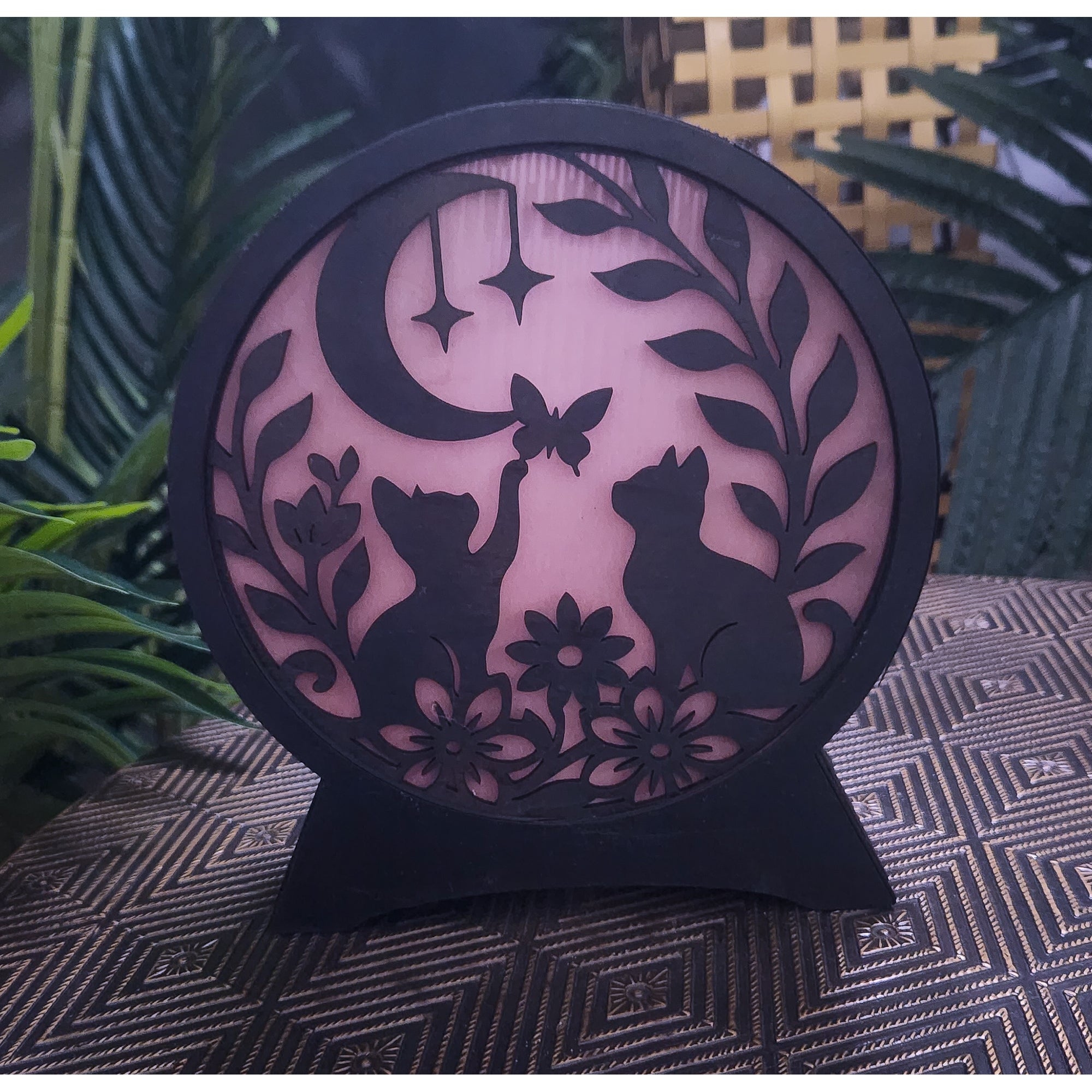 Kittens & Butterflies, Electric Nite Light, Handcrafted Cat & Moon I Cozy Ambient Lamp for Bedrooms & Nursery