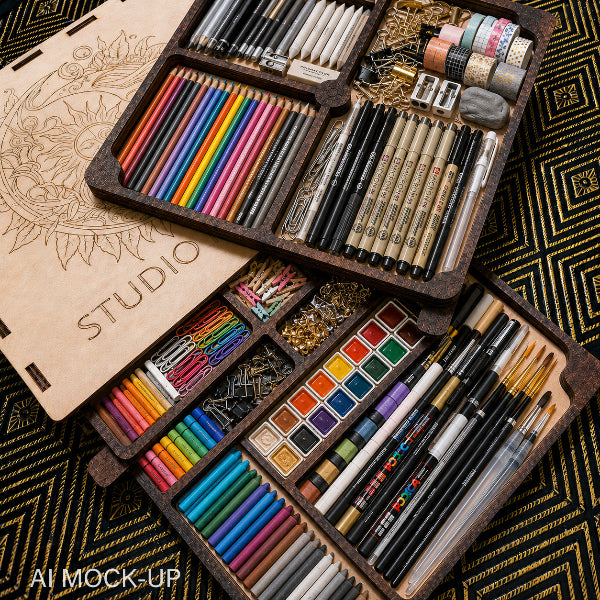 An open wooden art studio set with multiple compartments holding colored pencils, paintbrushes, watercolor palettes, markers, and small accessories, arranged on a black-and-gold patterned surface. A laser-engraved wooden lid is visible at the top left, and an 'AI MOCK-UP' watermark appears at the bottom left.