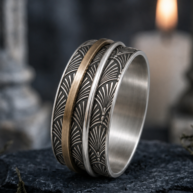 A silver and gold spinner ring with intricate leaf patterns, resting on a dark stone surface with a blurred lit candle in the background.