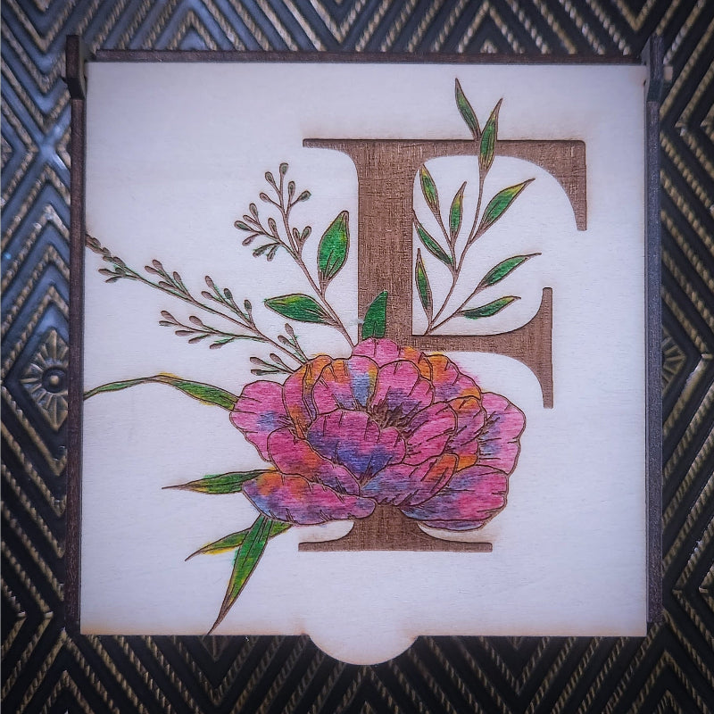 Peony Initial Treasure Box – Hand Painted Wooden Keepsake Box with Velour Lining