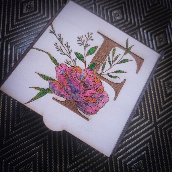 Peony Initial Treasure Box – Hand Painted Wooden Keepsake Box with Velour Lining