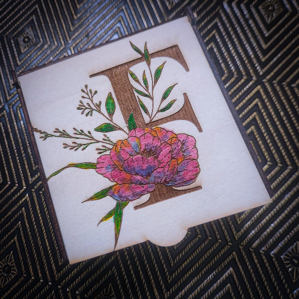 Peony Initial Treasure Box – Hand Painted Wooden Keepsake Box with Velour Lining