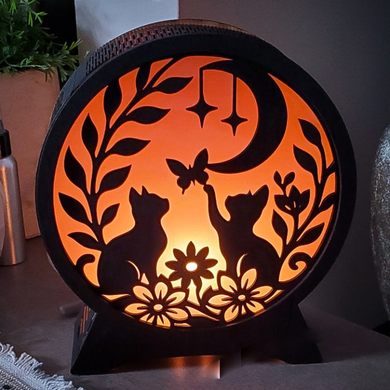 Kittens & Butterflies, Electric Nite Light, Handcrafted Cat & Moon I Cozy Ambient Lamp for Bedrooms & Nursery