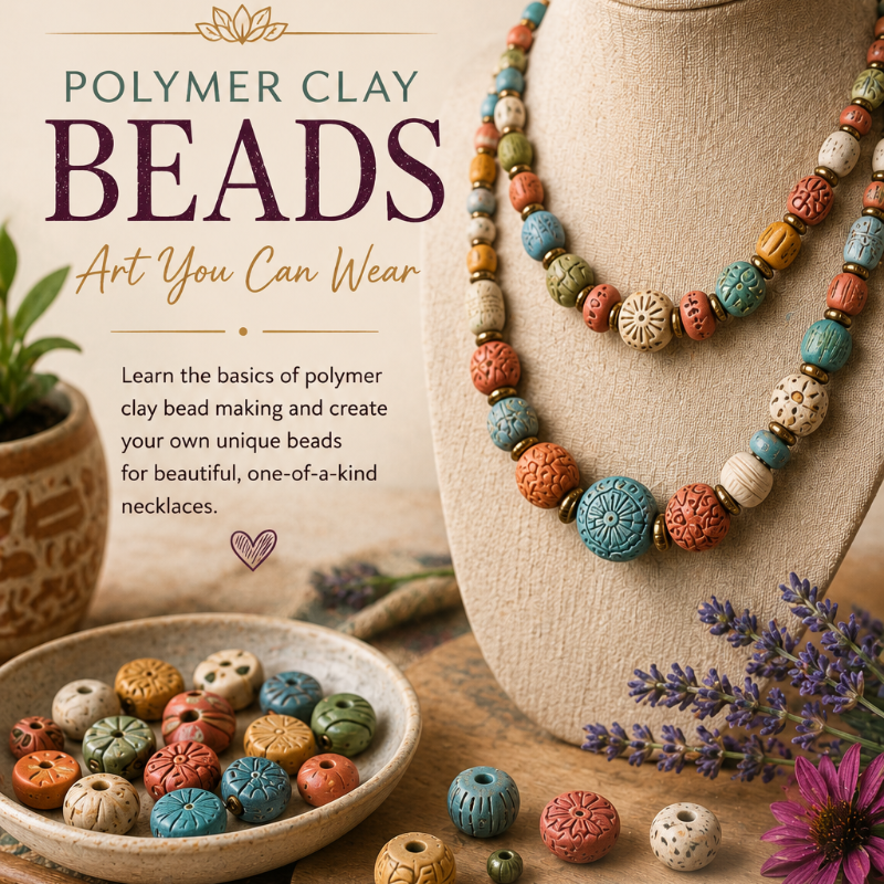 Promotional graphic for a polymer clay beads class or kit by Studio Navari, featuring a beige jewelry display bust wearing a colorful beaded necklace, a bowl of assorted clay beads, tools, flowers, and text reading 'Polymer Clay Beads Art You Can Wear' and 'Studio Navari'.
