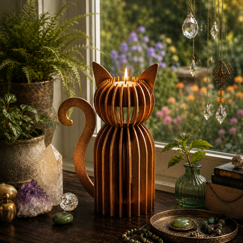 Wooden cat-shaped candle holder on a table with plants and decorative items.