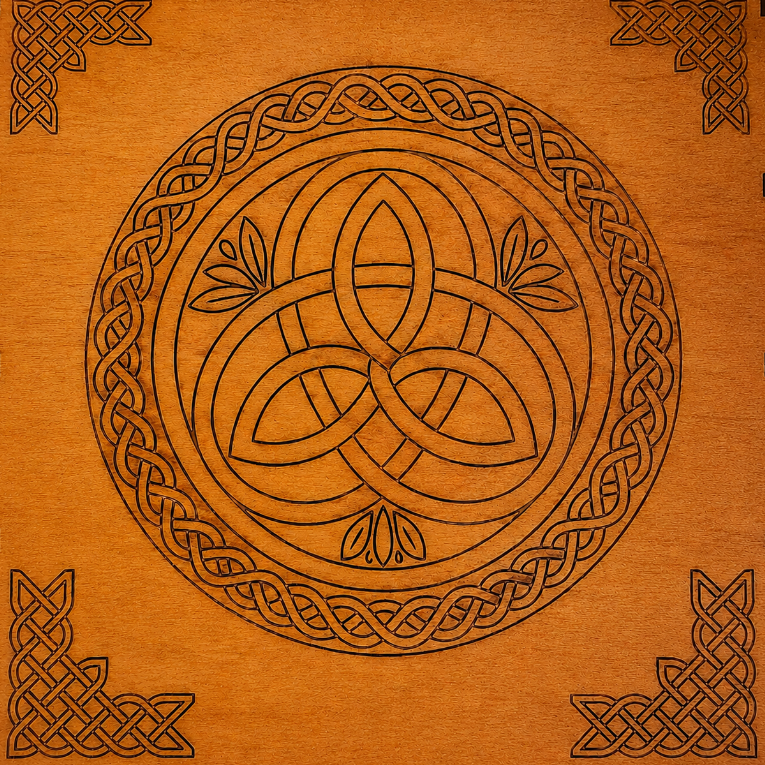 A square wooden plaque or box lid featuring a Celtic design. The center is a circular triquetra (trinity knot) motif in dark brown, surrounded by a matching circular border and decorative corner flourishes in the four corners, all on a warm orange-brown wood grain background.