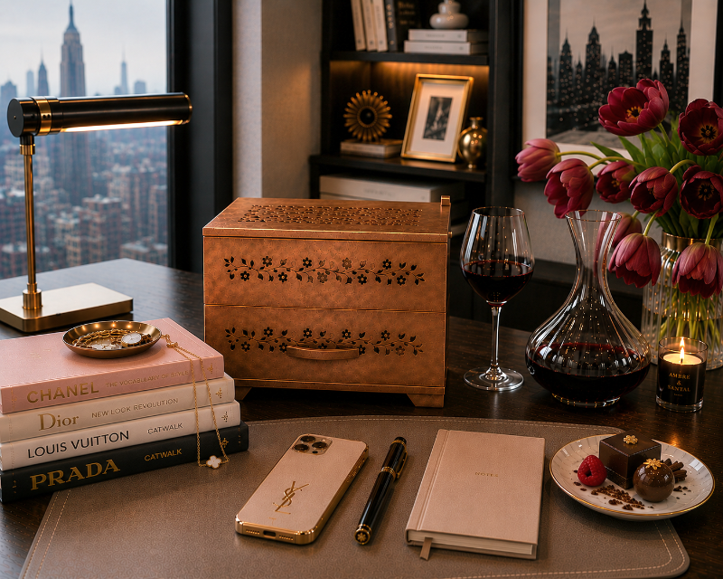 Decorative table setting with books, wooden box, phone, and flowers in a cityscape room.