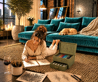 Woman sitting on the floor with art supplies in a stylish living room.