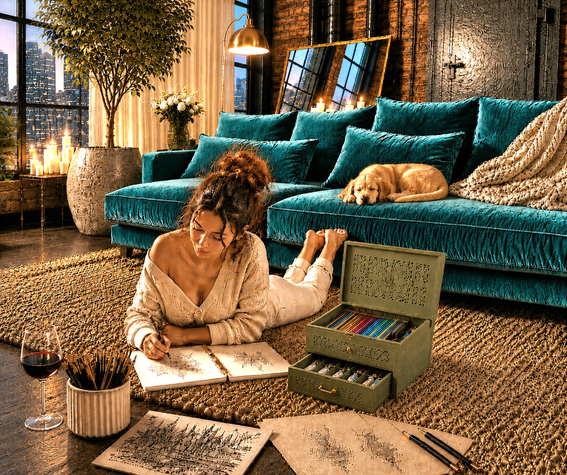 Woman sitting on the floor with art supplies in a stylish living room.