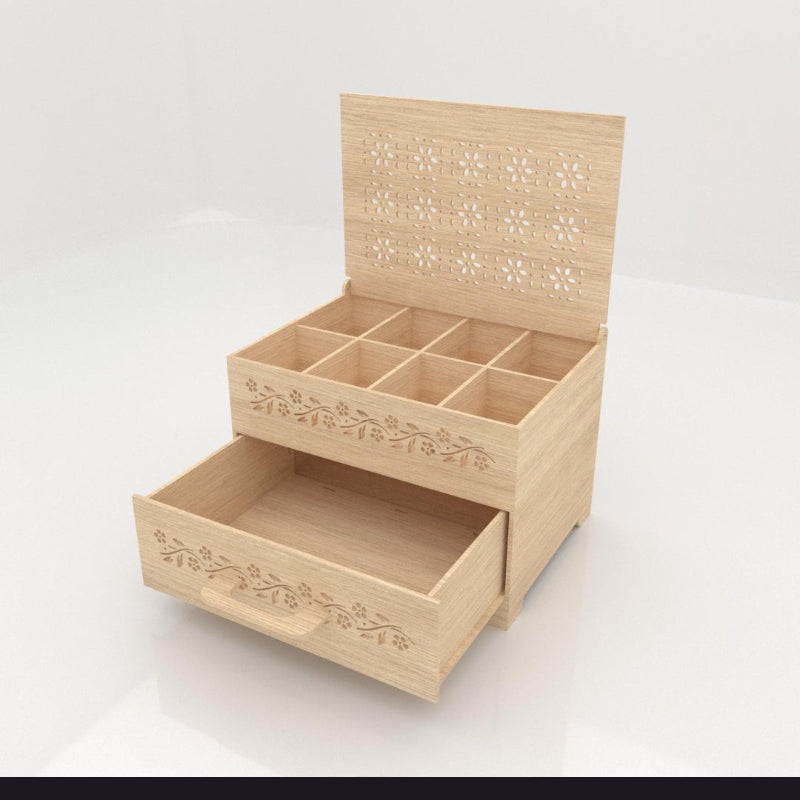 Wooden jewelry box with drawers on a white background
