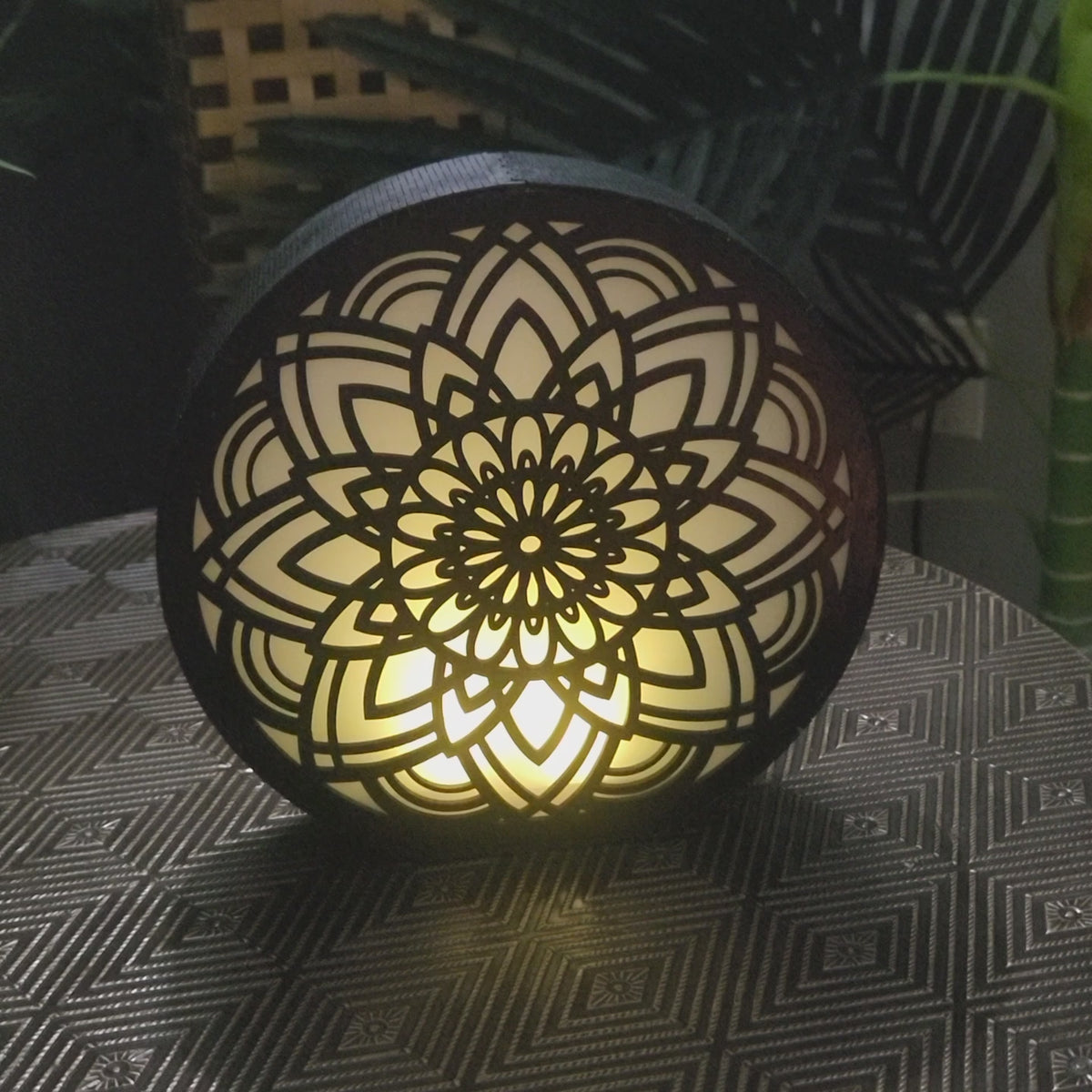 Video of Mandala LED Wood Night Lights, laser cut wood, natural or black, with vellum, fairy lights