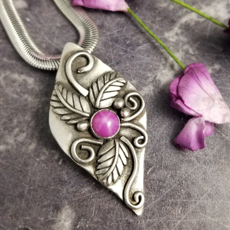 SOLD - FLORAL GARDEN PENDANT, Kami, Sterling with Star Ruby, Made To Order